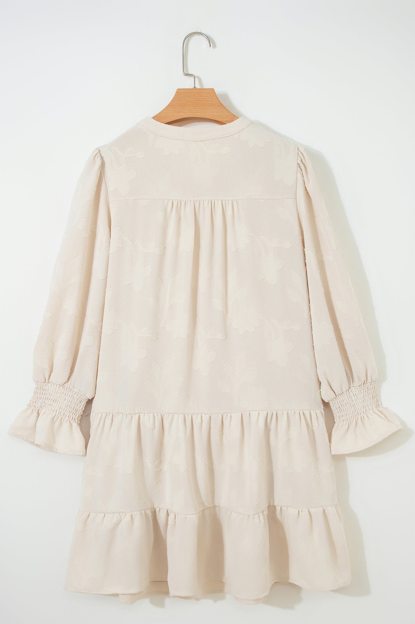 Parchment Long Sleeve Notched Neck Jacquard Tiered Mini Dress