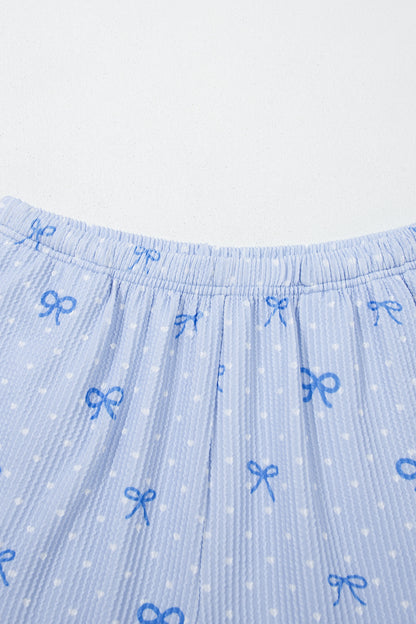 Sky Blue Valentines Bow Print Twisted Rib Loose Long Sleeve Top 2pcs Short Set