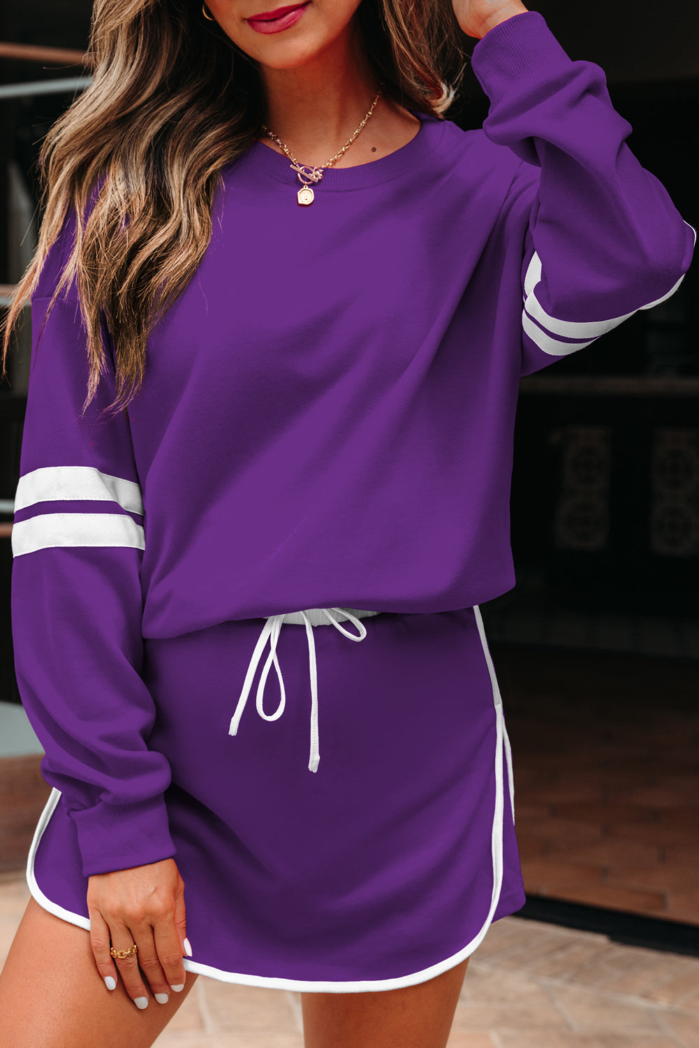 Evergreen Varsity Stripe Detail Drop Shoulder Pullover Mini Skirt Set