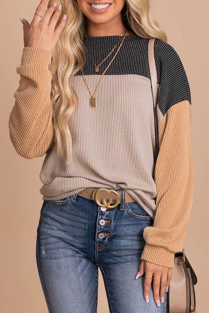 Multicolor Color Block Long Sleeve Ribbed Loose Top