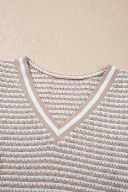 Beige Striped Textured Knit V Neck Casual Top