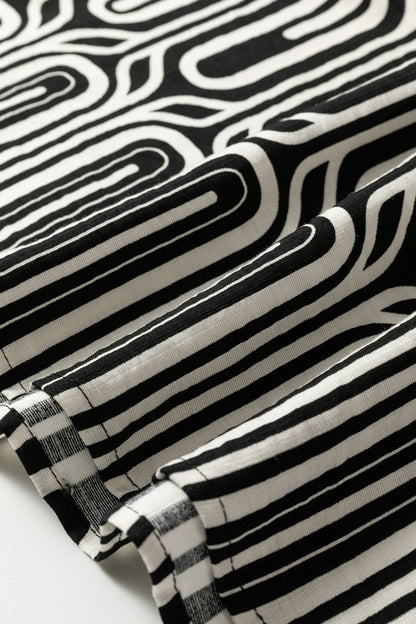 Black Geometric Print Contrast Scallop Color Block Patchwork Short Sleeve Blouse