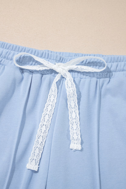 Sky Blue Lace Accent Zipped Collar Short Sleeve Top Sweatpants Set