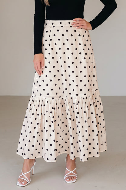 White Polka Dot Ruffled Slit Maxi Skirt