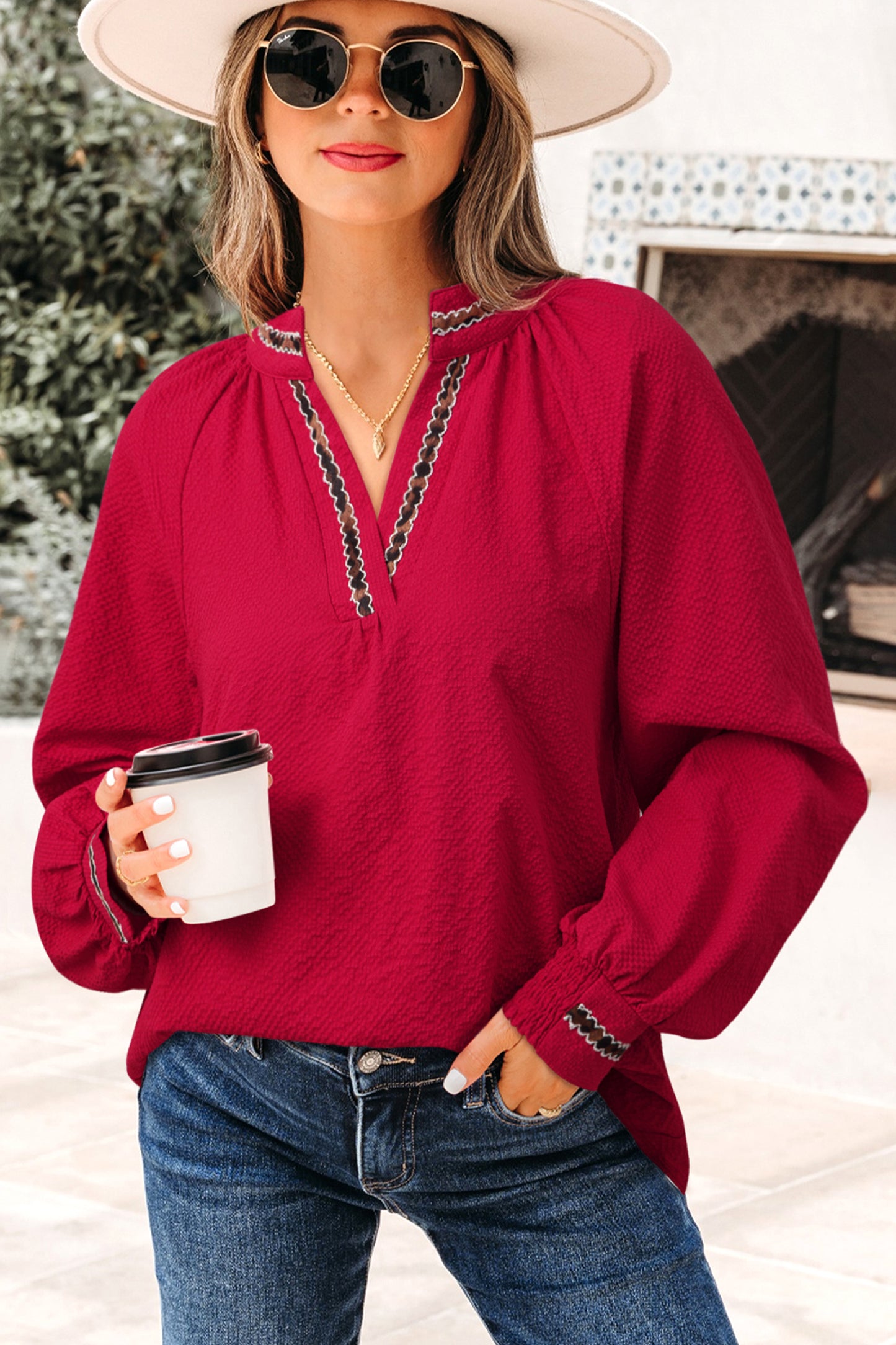 Racing Red Leopard Jacquard Print V Neck Textured Blouse