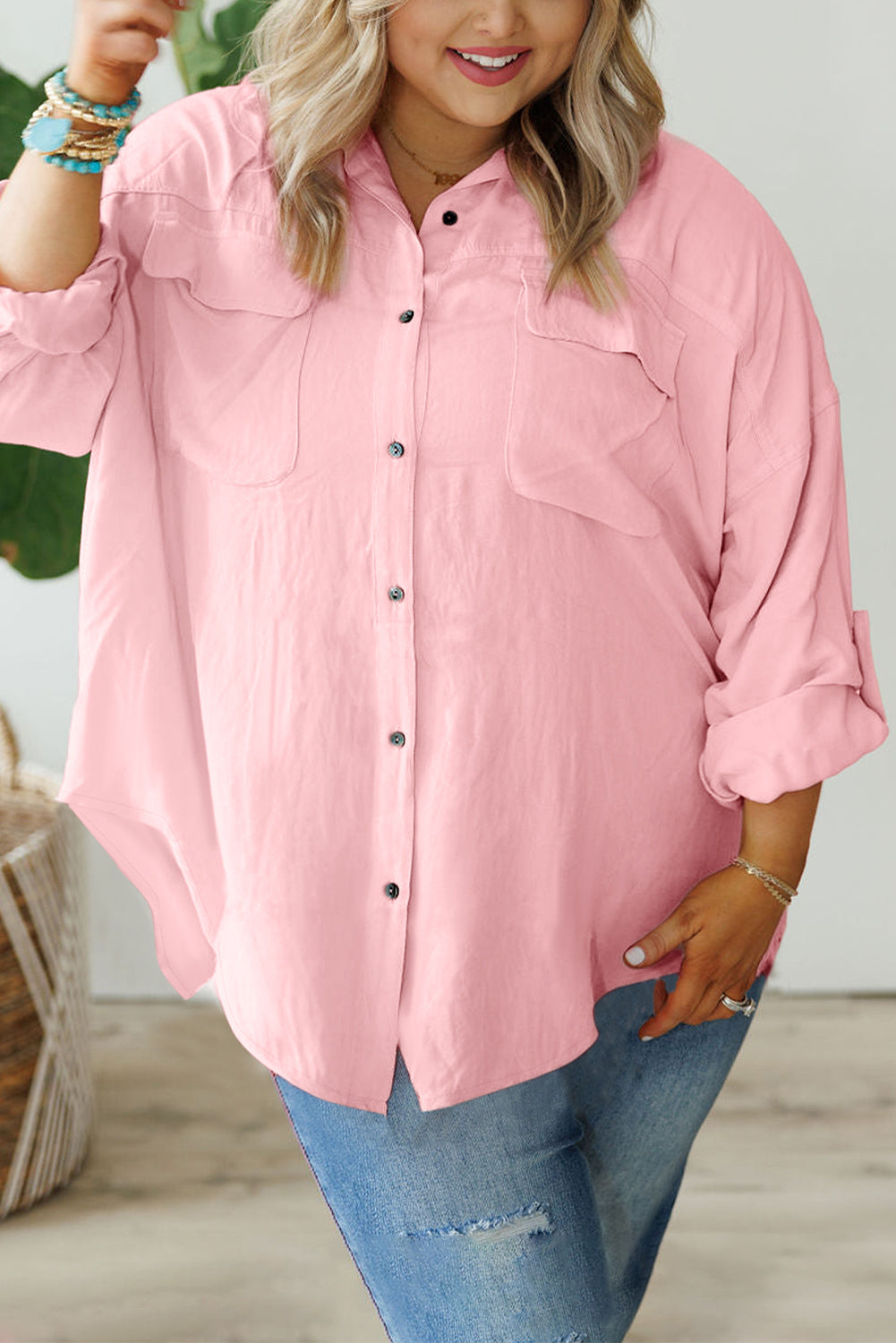 Pink Flap Pocket Tab Sleeve Button-Down Plus Size Shirt