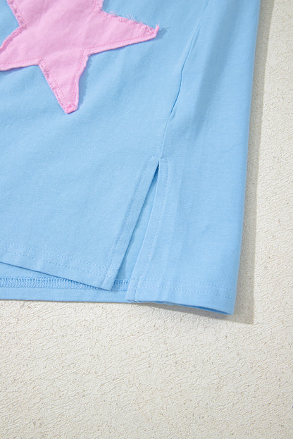 Myosotis Frayed Denim Star Patched Oversize T Shirt