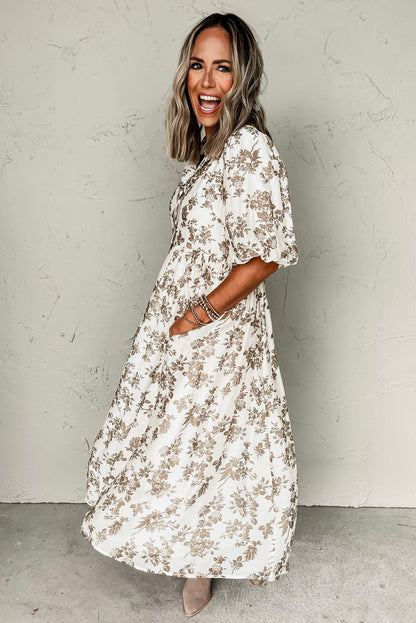 Khaki Floral Puff Sleeve V Neck Buttoned Front Maxi Dress