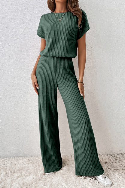Black Ribbed Keyhole Short Sleeve Wide Leg Jumpsuit