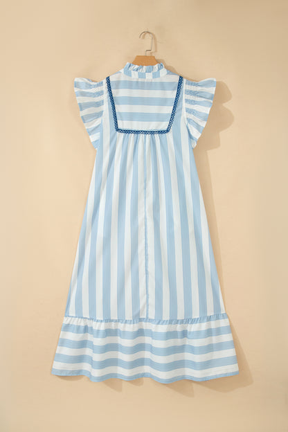 Sky Blue Stripe Subtle Lace Detail V Neck Ruffle Trim Casual Dress