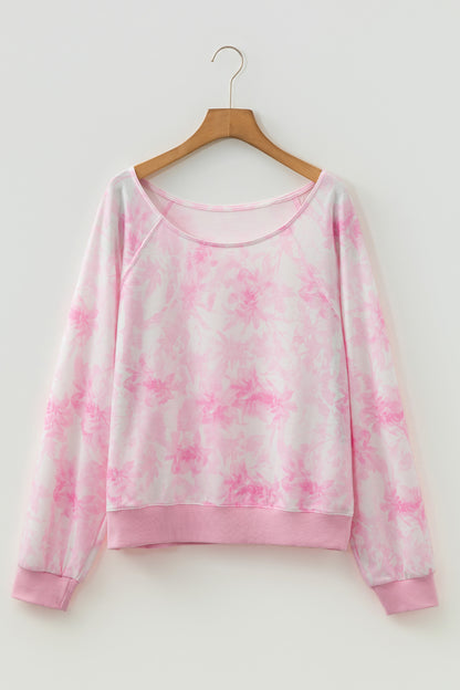 Pink Abstract Woodland Print Asymmetric Shoulder Long Sleeve Top