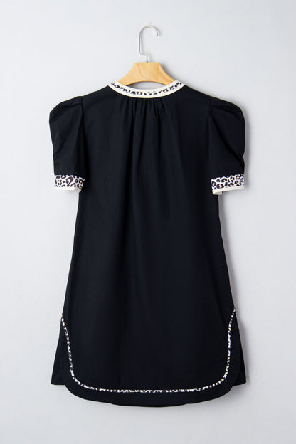 Black Leopard Trim Notched Neck Short Puff Sleeve Shift Mini Dress