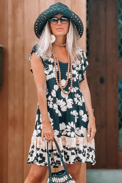 Floral Print Ruffle Sleeve Empire Waist Mini Dress