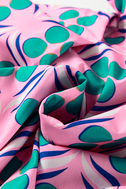 Pink Geometric Floral Print V Neck Ricrac Trim Short Sleeve Mini Dress