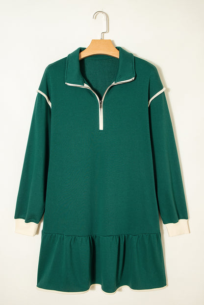 Evergreen Contrast Trim Zip Collar Long Sleeve Ruffle Hem Mini Dress