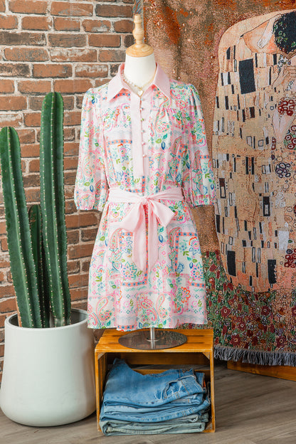 Pink Boho Floral Print Color Block Trim Half Button Belted Mini Dress