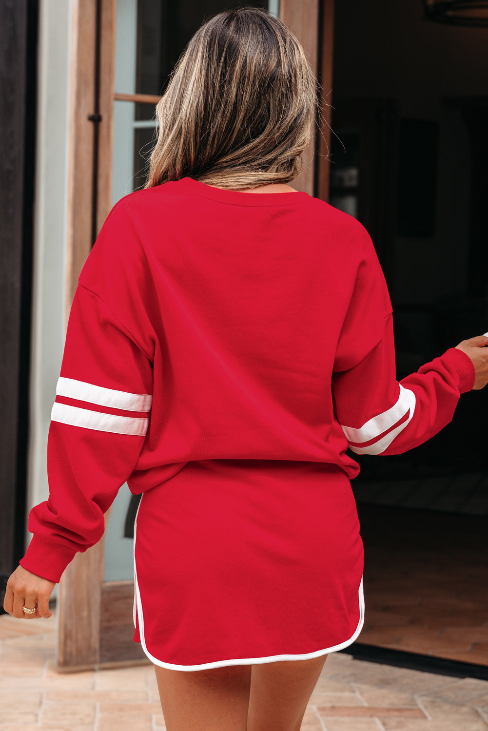 Evergreen Varsity Stripe Detail Drop Shoulder Pullover Mini Skirt Set