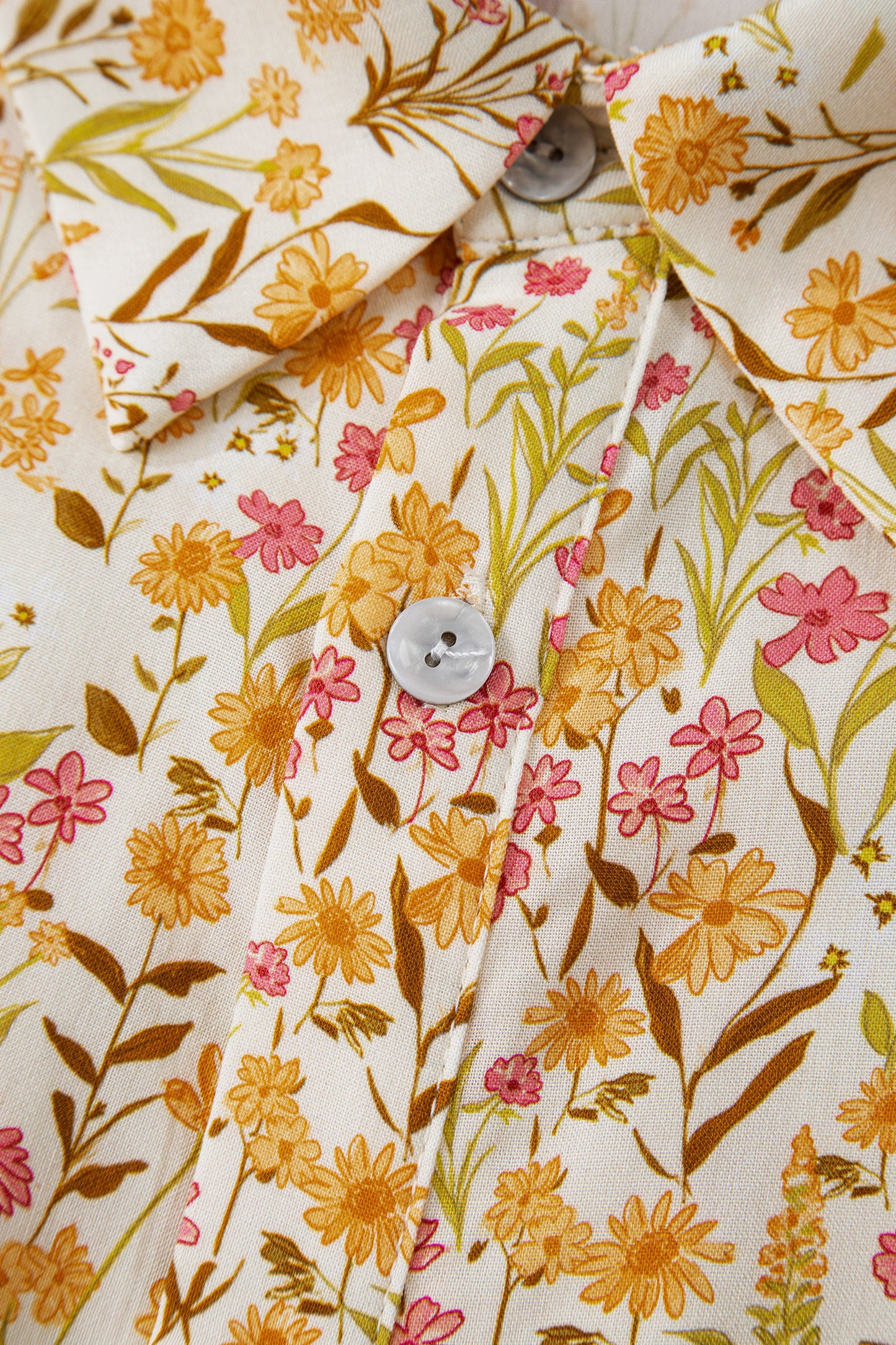 Yellow Floral Print Frilly Trim Smocked Cuff Long Sleeve Loose Shirt Dress