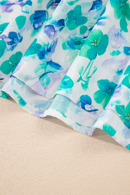 Green Floral Print Striped Trim Split V Neck Puff Short Sleeve Blouse