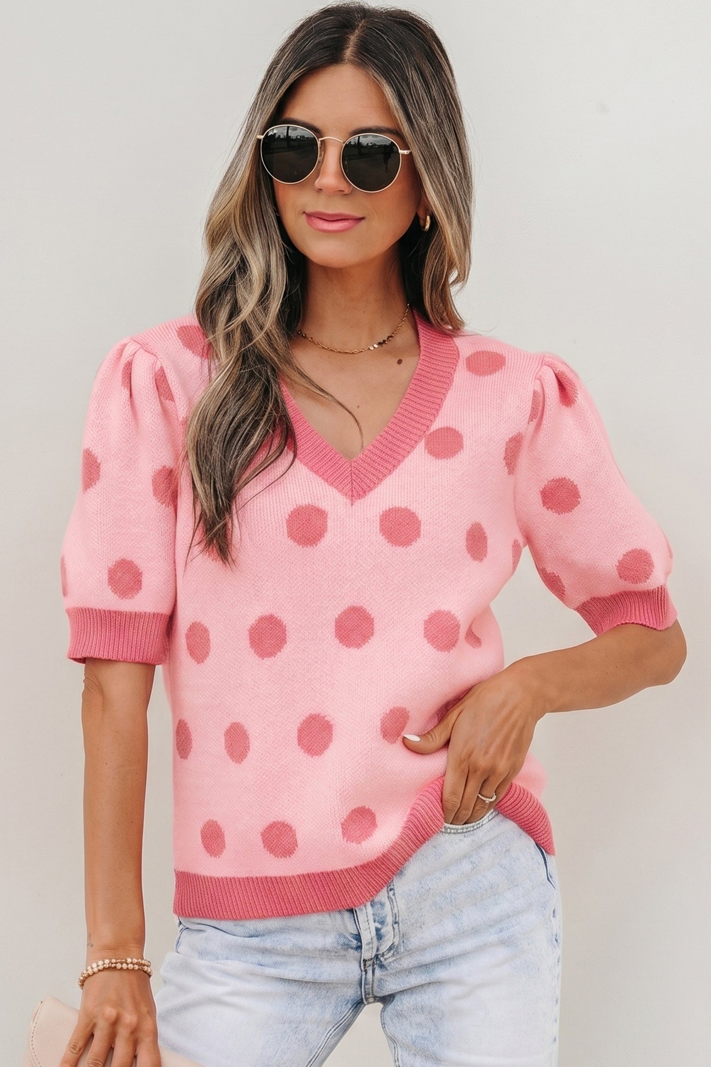 Rose Red Polka Dot Puff Short Sleeve Sweater Top