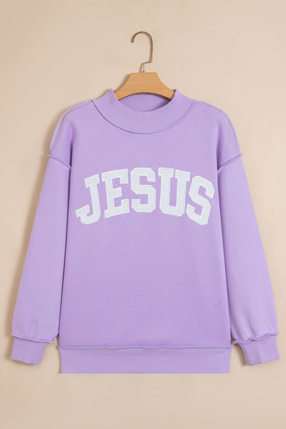 Banana Cream JESUS Letter Patch Graphic Exposed Seam Mock Neck Baggy Sweatshirt