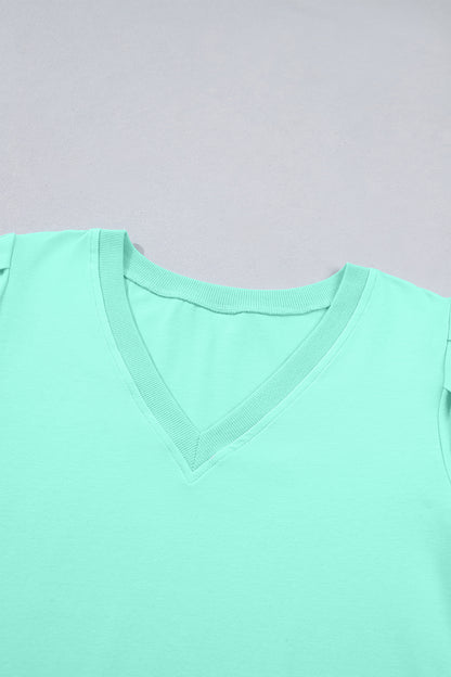 Yellow Solid Color V Neck Short Puff Sleeve Blouse