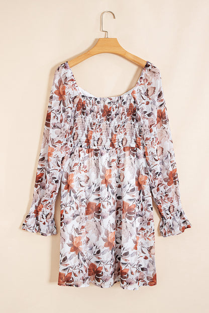 White Floral Print Sweetheart Neck Long Sleeve High Waist Mini Dress