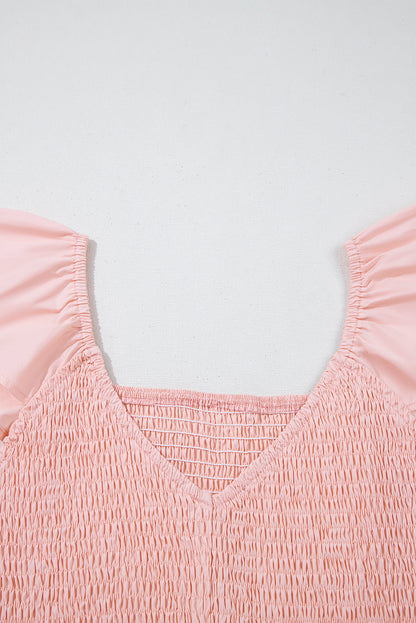 Pink V Neck Flutter Sleeve Smocked Bodice High Waist Ruffle Maxi Dress