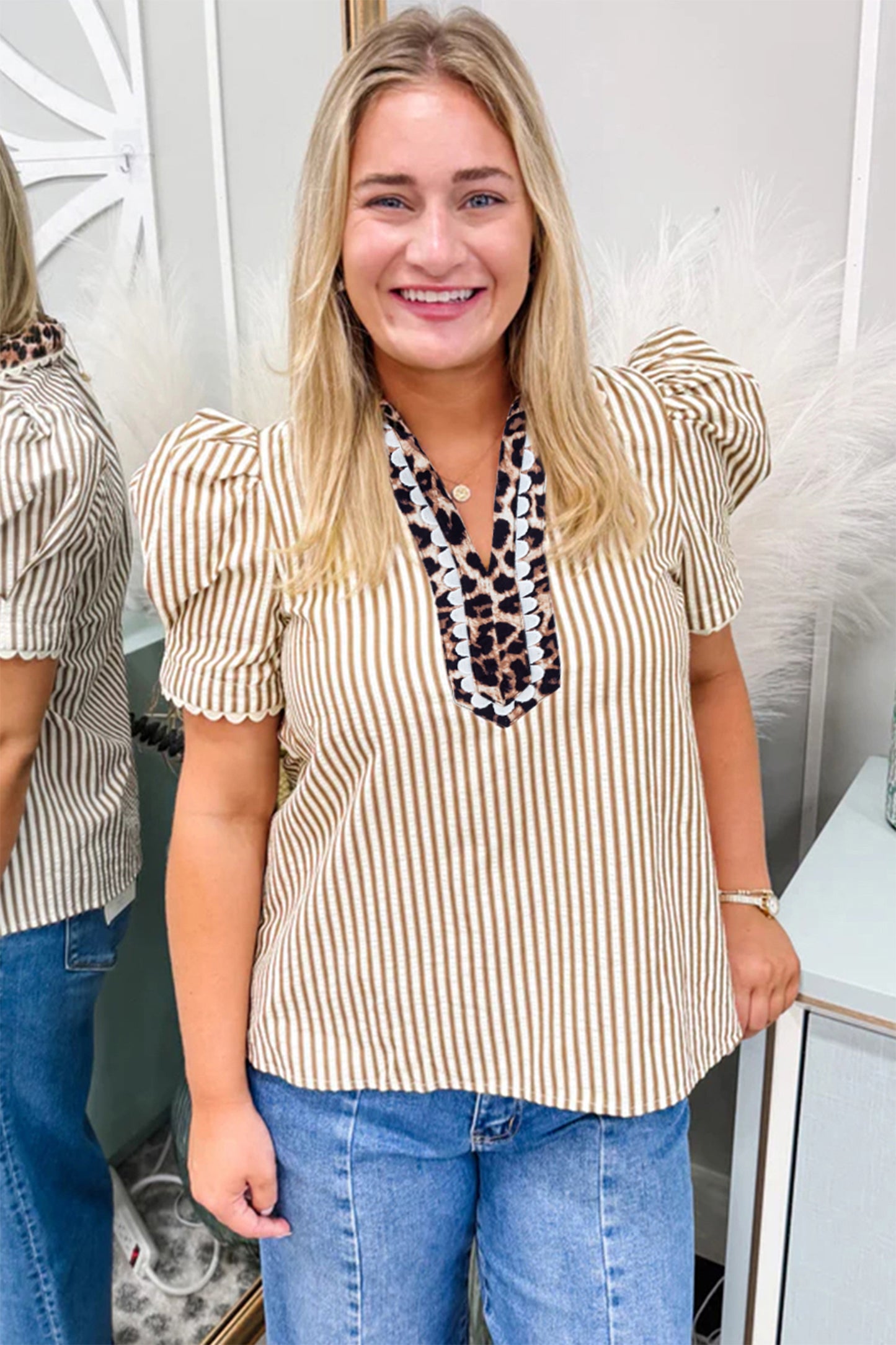 Sky Blue Stripe Ricrac Trim Short Puff Sleeve Leopard Patchwork Collar V Neck Blouse