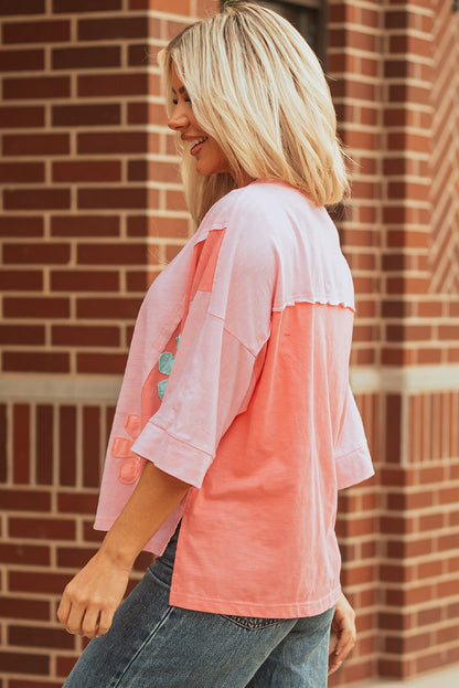 Pink Flower Patched Exposed Seam Bracelet Sleeve Oversized T Shirt
