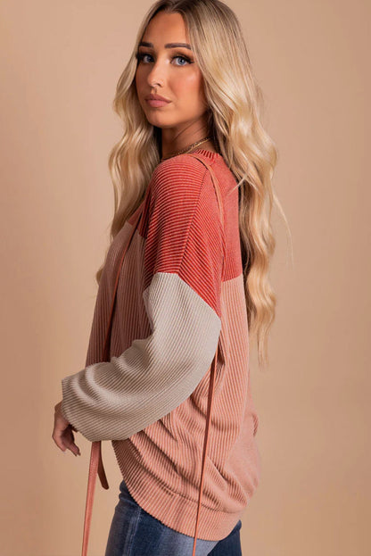 Multicolor Color Block Long Sleeve Ribbed Loose Top