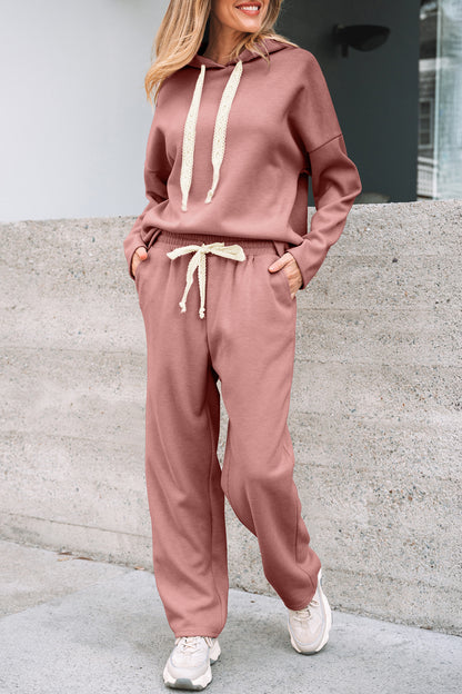 Parchment Leopard Drawstring Pullover Hoodie and High Waist Pants Corduroy Suit