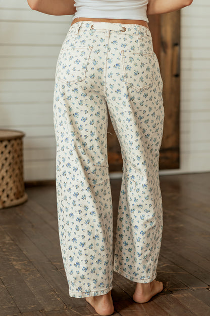Beige Grommet Knot Waist Floral Barrel Leg Jeans