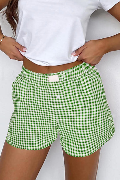 Fern Green Red Plaid Gingham Printed High Waist Shorts