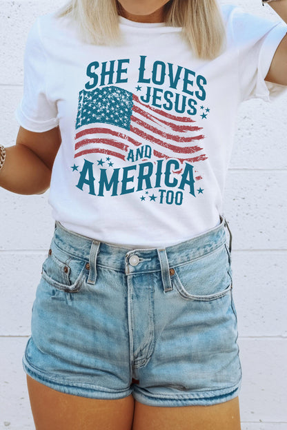 White She Loves Jesus and America Flag Graphic Tee