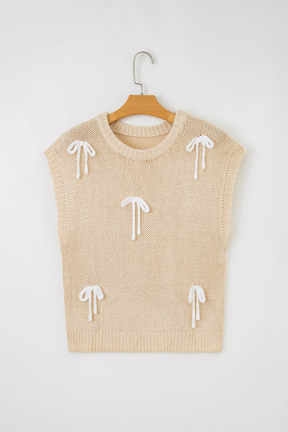 Parchment Bowknot Applique Cap Sleeve Sweater