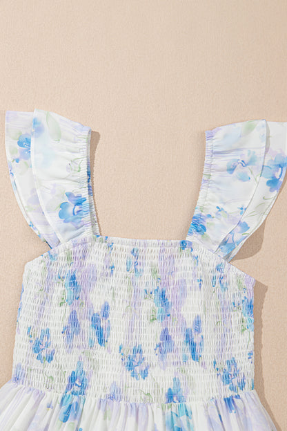 Sky Blue Floral Smocked High Waist Double Ruffle Sleeveless Long Dress