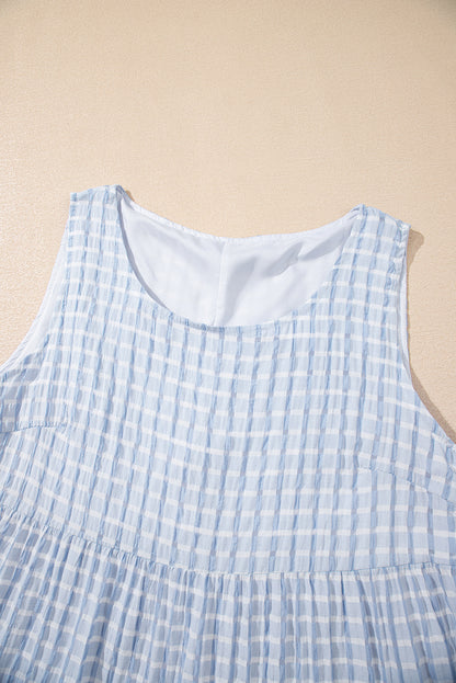 Light Blue Plaid Tiered A-line Sleeveless Mini Sundress