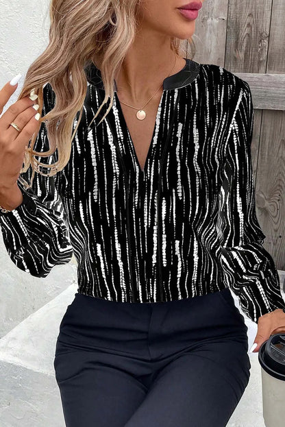 White Abstract Printed V Neck Fall Blouse