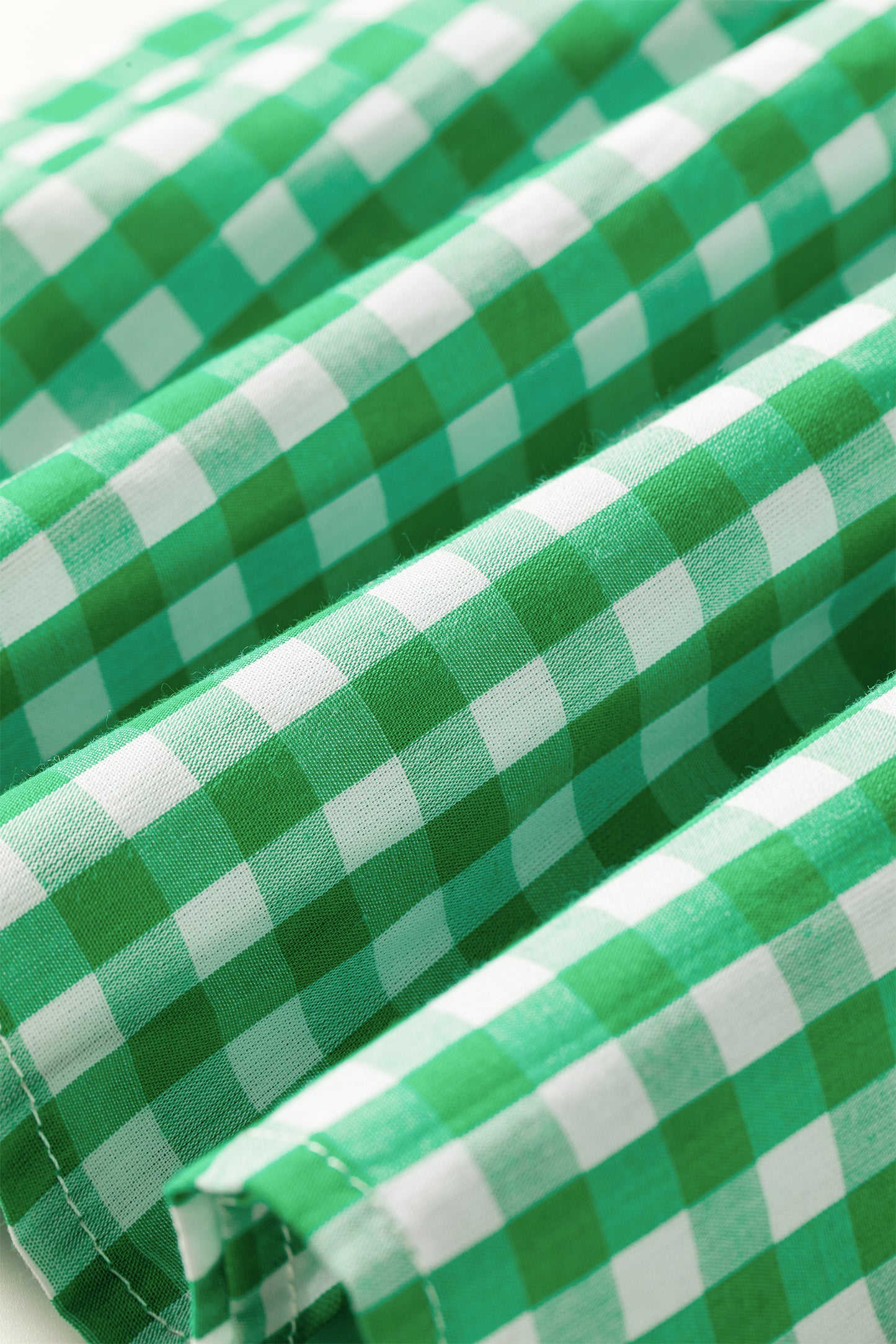 Green Gingham Plaid Bubble Sleeve Colorblock Trim V Neck Blouse
