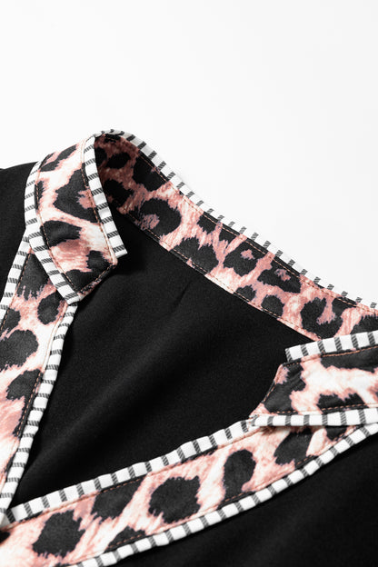 Black V Neck Short Puff Sleeve Contrast Striped Leopard Trim Button Down Shirt