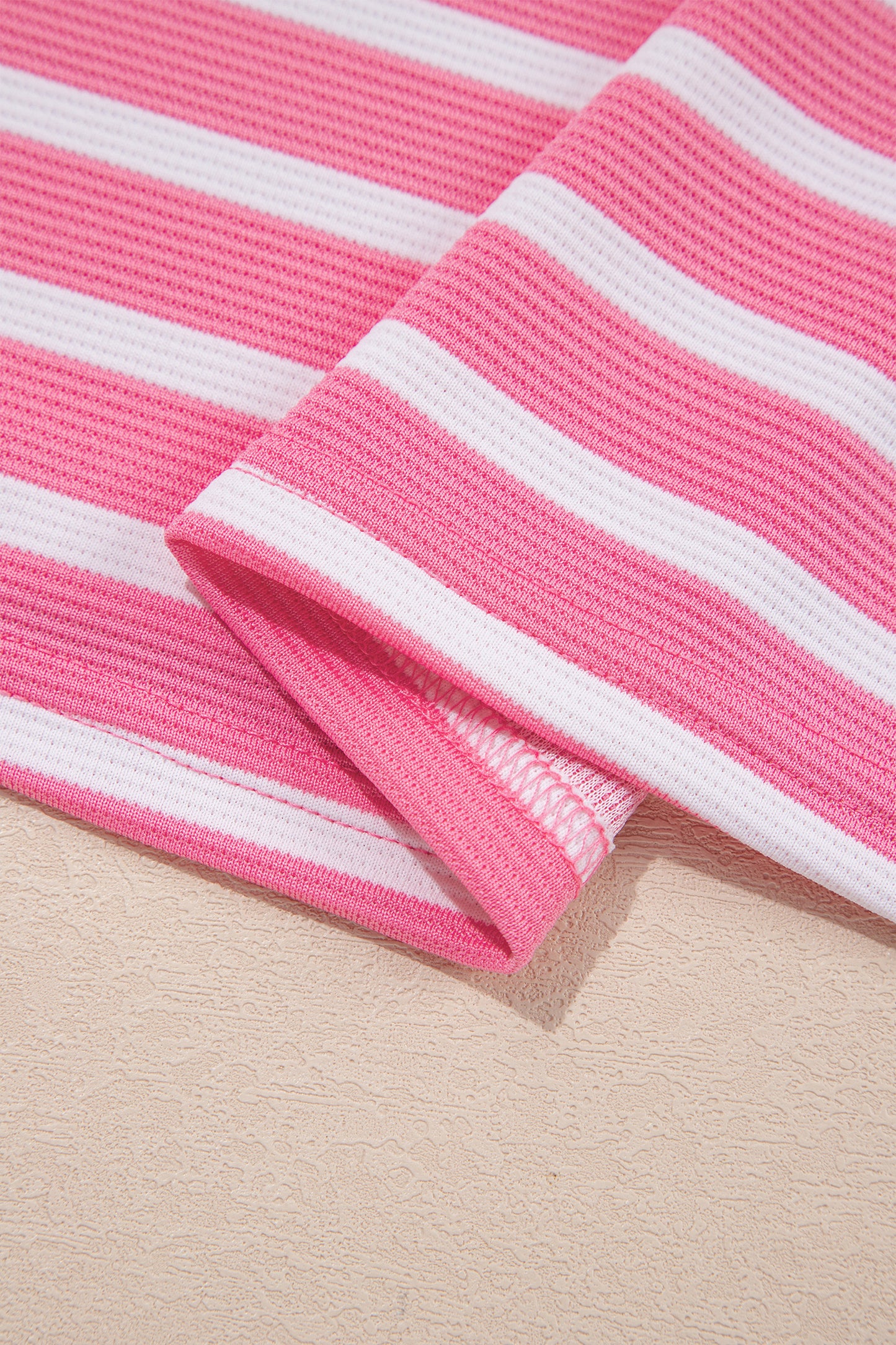 Pink Stripe Short Puff Sleeve Color Block Polo Collar Blouse