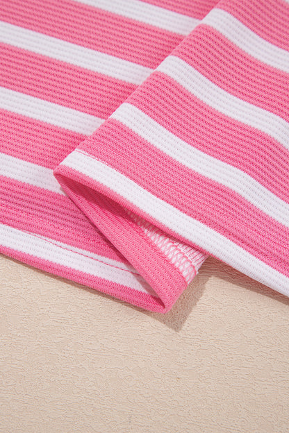 Pink Stripe Short Puff Sleeve Color Block Polo Collar Blouse