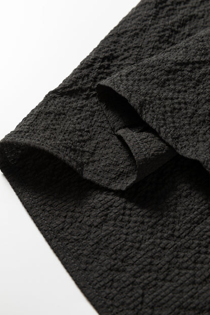 Black Color Block Patchwork Detail V Neck Textured Long Sleeve Blouse