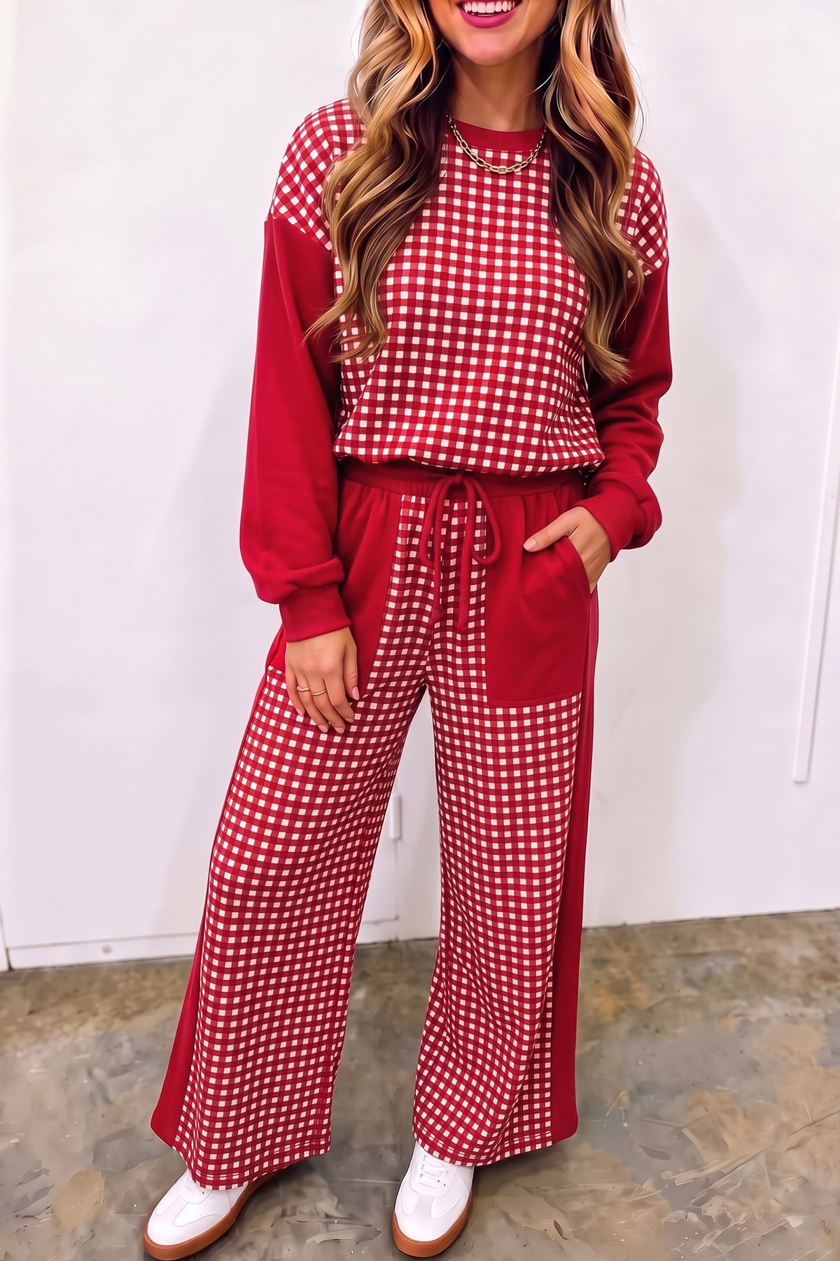 Pink Color Block Plaid Patchwork Long Sleeve Pullover Wide Leg Pant Set