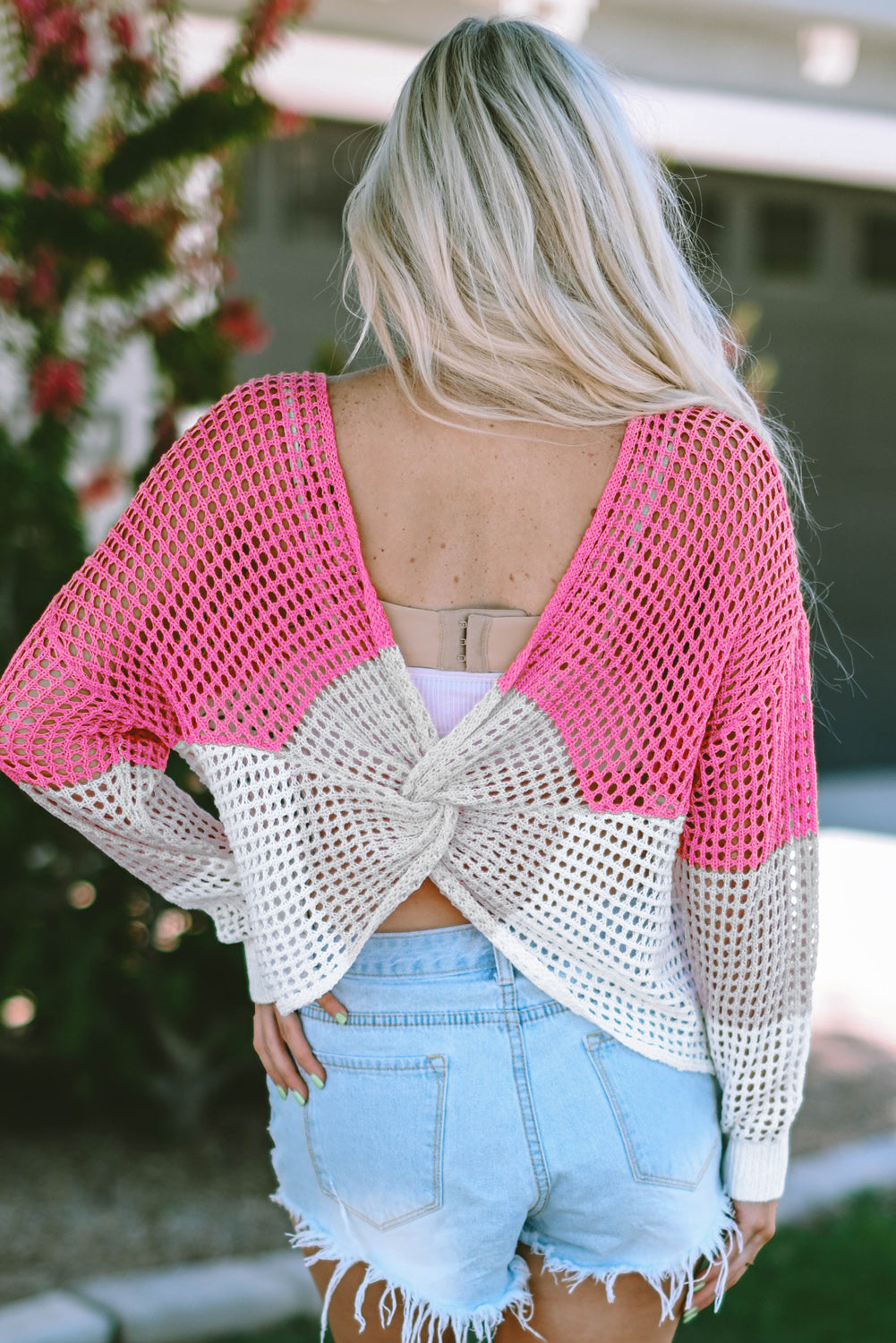 Pink Color Block Eyelet Long Sleeve Twisted Back Knit Top