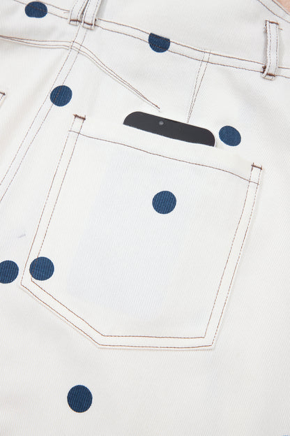 Jet Stream Polka Dot Print Bib Pocket Denim Barrel Overalls Jumpsuit