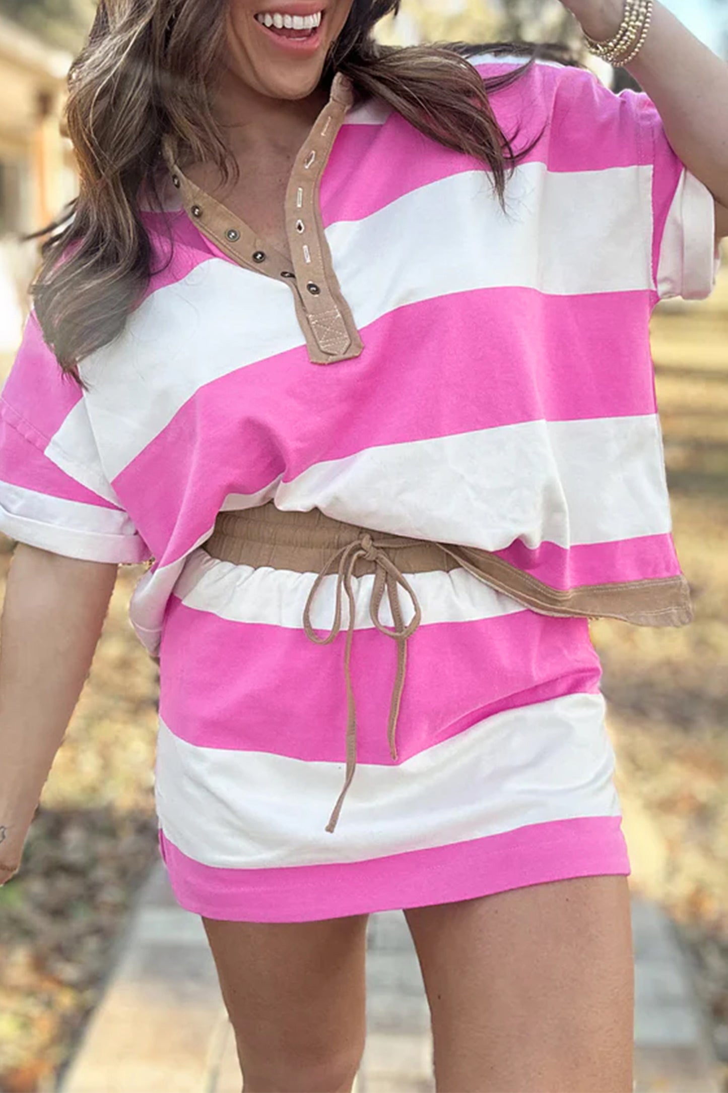 Rose Stripe Colorblock Trim Polo Tee Drawstring Mini Skort 2pcs Set