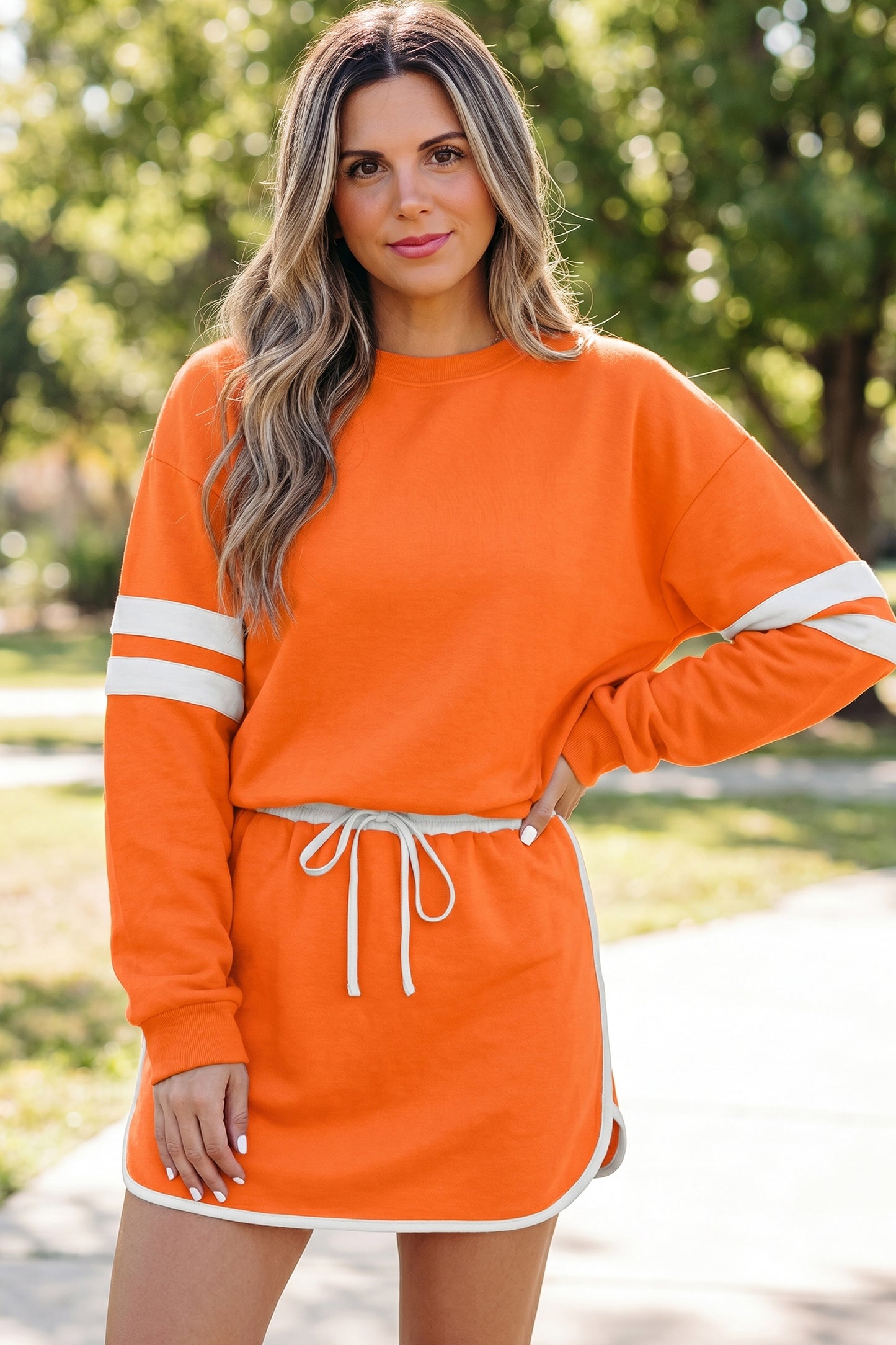 Evergreen Varsity Stripe Detail Drop Shoulder Pullover Mini Skirt Set