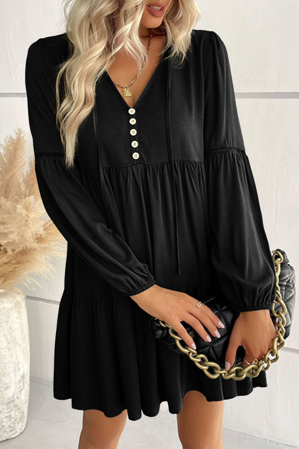 Black Lace Puff Sleeve Buttoned Tiered Ruffled Mini Dress